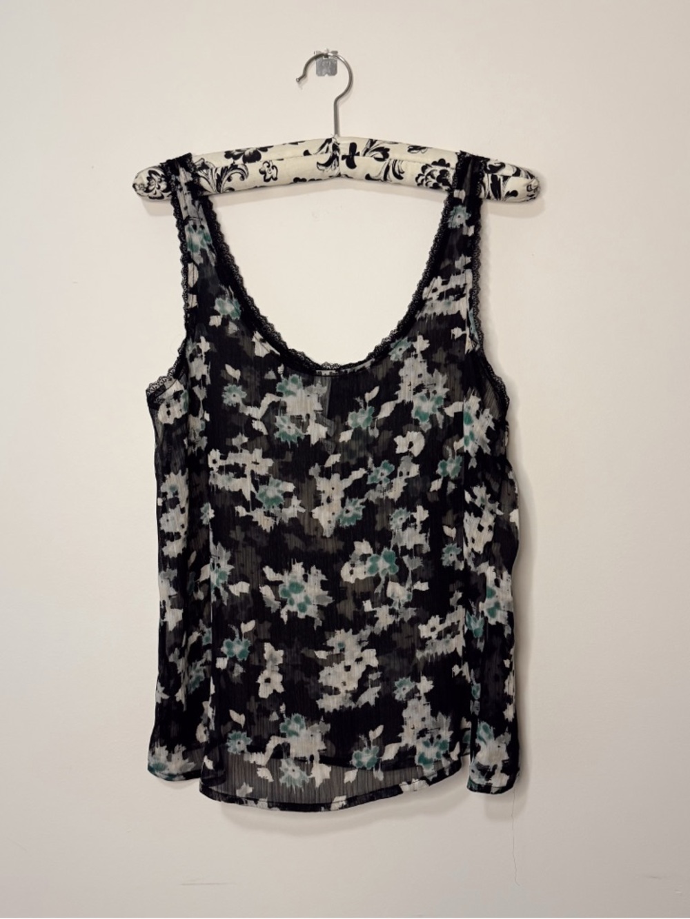 Whimsigoth Summer Black Floral Lace-Trim Sheer Tank for Layering Women’s Small